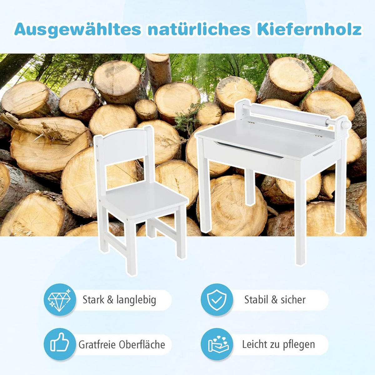 KINDERSCHREIBTISCH mit Stuhl weiß(2-tlg) - Weiß, Holzwerkstoff (66/58/40cm) - COSTWAY