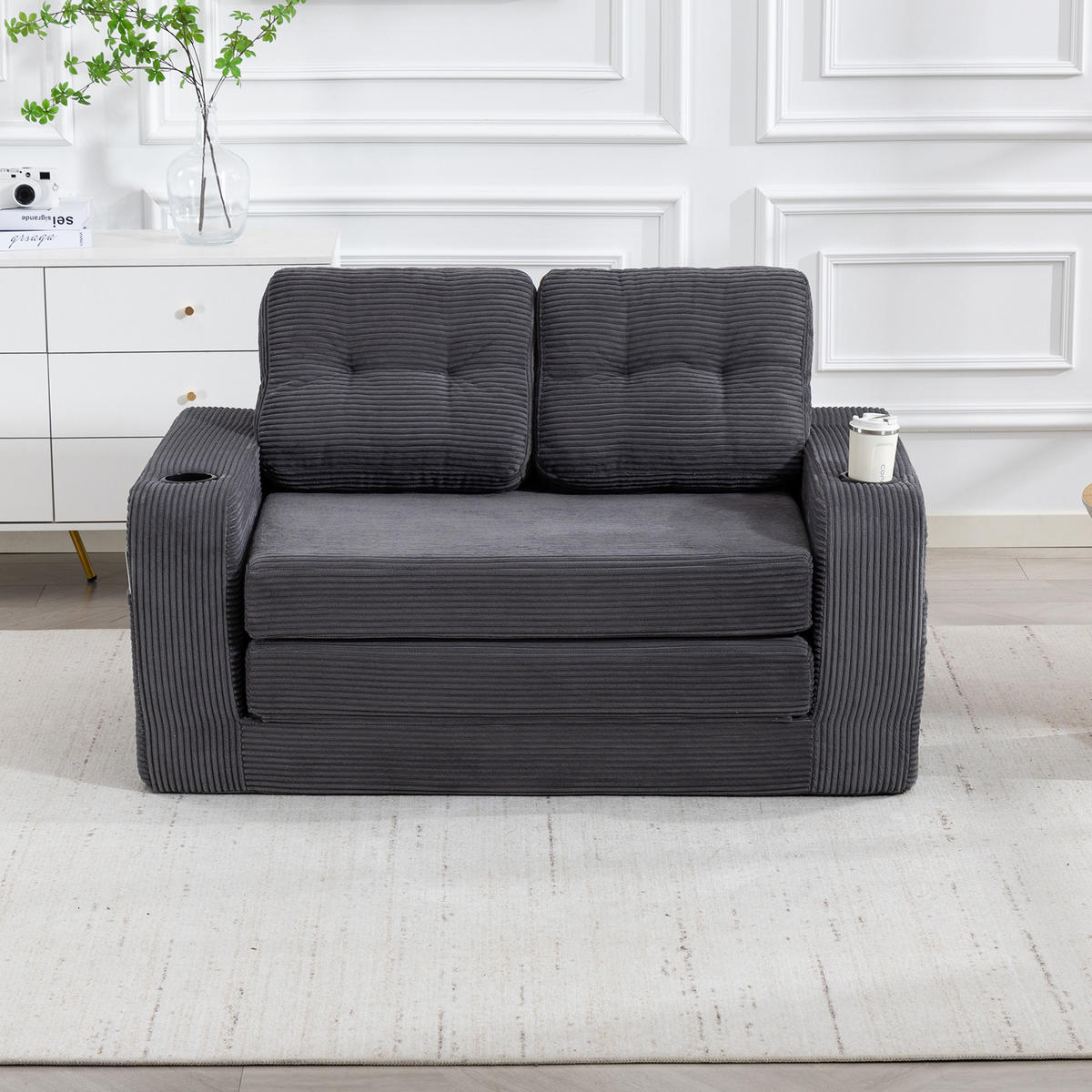 2-SITZER SOFA Cord Grau mit Getränkehaltern und Seitentaschen - Grau, Textil (136/82.5/80cm) - WISHDOR
