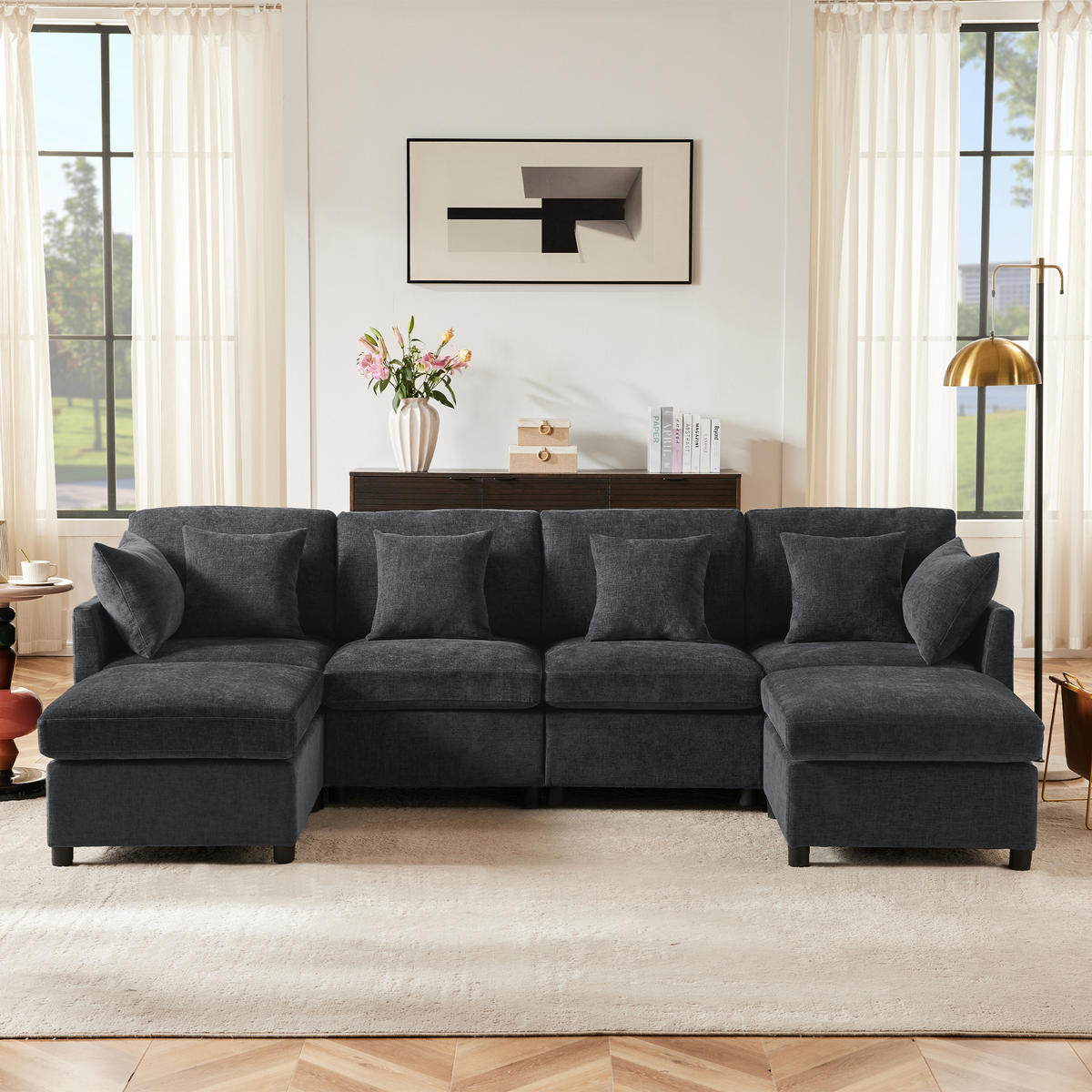 WOHNLANDSCHAFT Chenille Grau mit 2 Hocker und 6 Kissen - Grau, Holzwerkstoff/Kunststoff (278/81/161cm) - WISHDOR