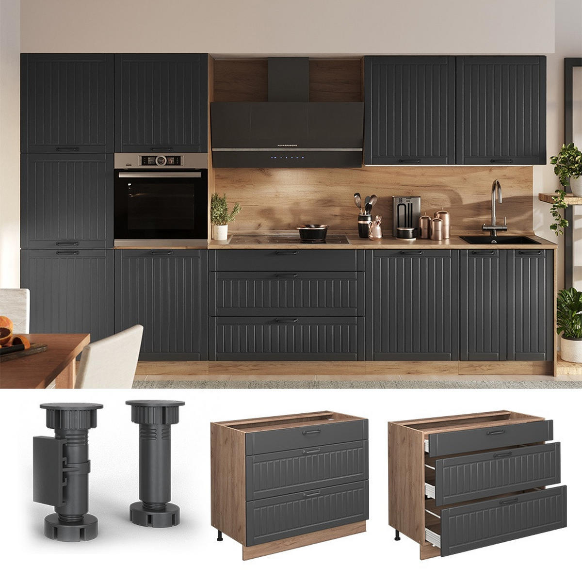 KÜCHENUNTERSCHRANK Fame-Line, Dunkelgrau/Goldkraft Eiche, 100 cm, AP Anthrazit - Honigeiche/Dunkelgrau, Holzwerkstoff (100/82/60cm) - Vicco