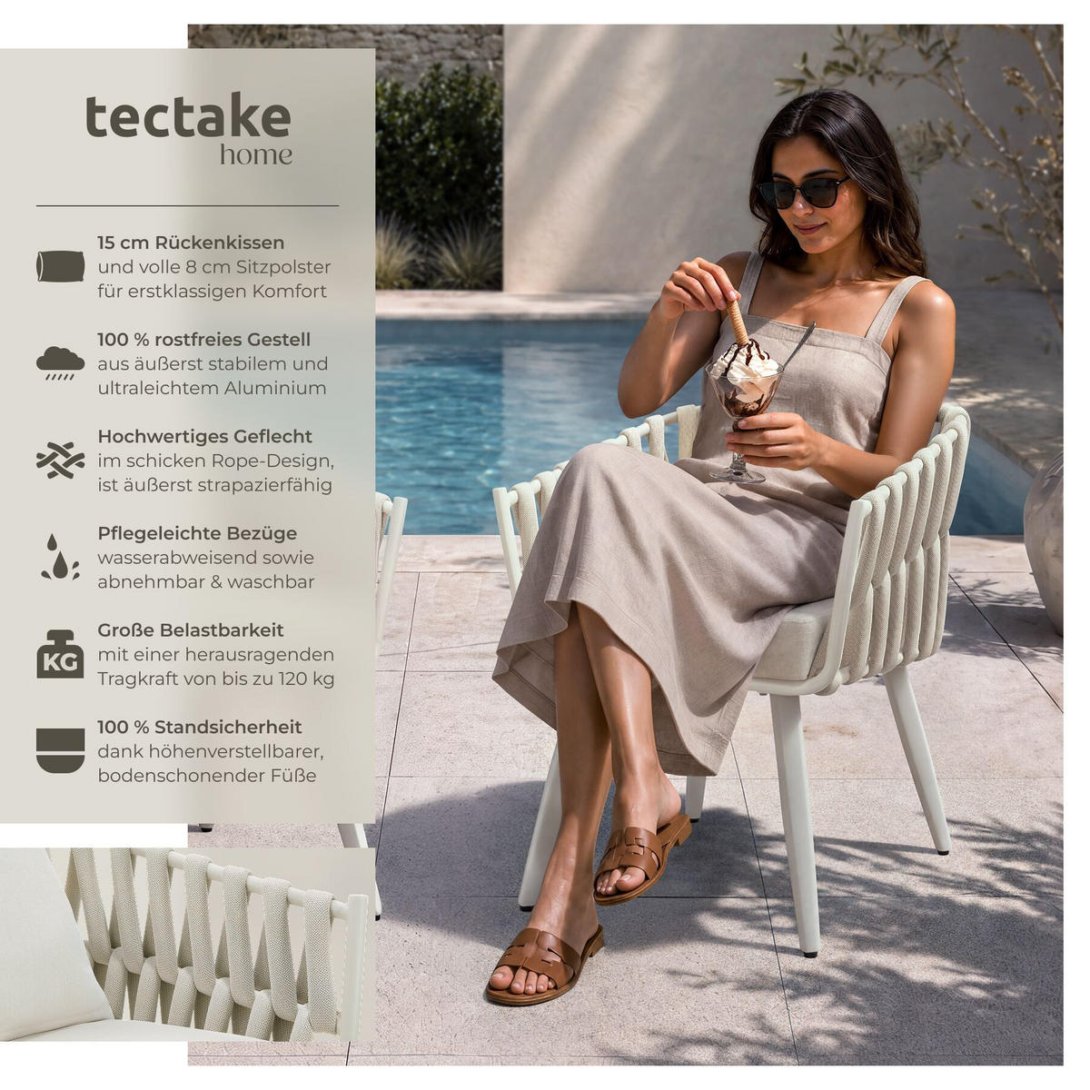 ALUMINIUM STUHL Lugano, höhenverstellbare Kunststofffüße, 62,5 x 65,5 x 75 cm, beige - Beige, Kunststoff/Metall (62.5/75/65.5cm) - tectake