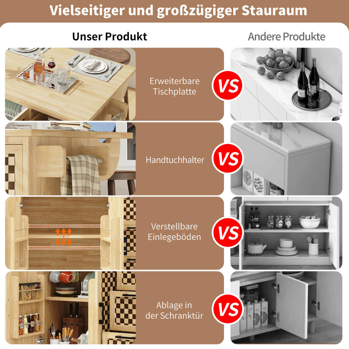 KÜCHENINSEL 120x45x92cm Natur mit Klapptisch & 3 Schubladen - Naturfarben, Holzwerkstoff (120/92/45cm) - Modfu
