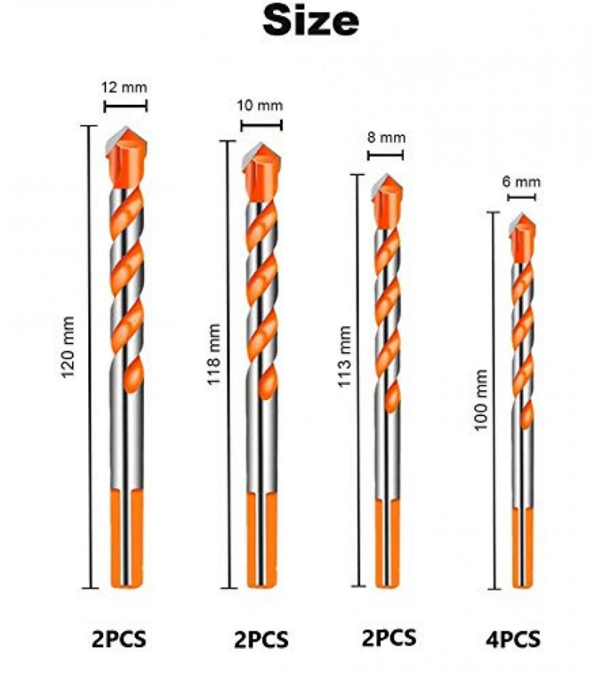 BOHRER - 10 Stück, geeignet für Keramik, Metalle und Stahl (6/8/10/12 mm) - Orange, Metall (12/1.2/1cm) - DCA