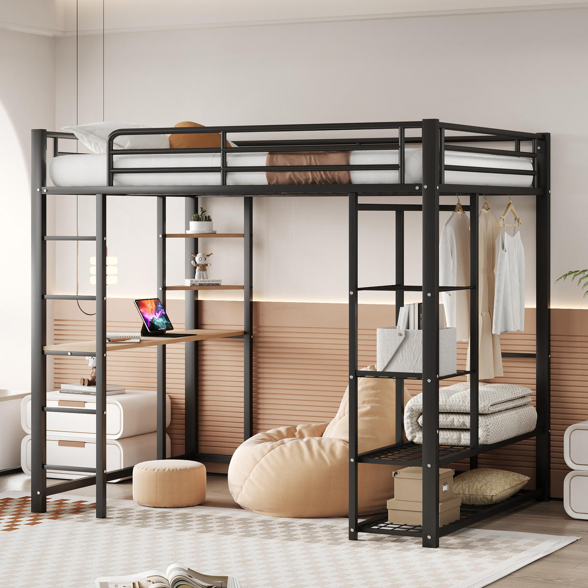 HOCHBETT 140/200 cm schwarz aus Metall mit Schreibtisch und Kleiderstange - Schwarz, Metall (140/200cm) - OKWISH