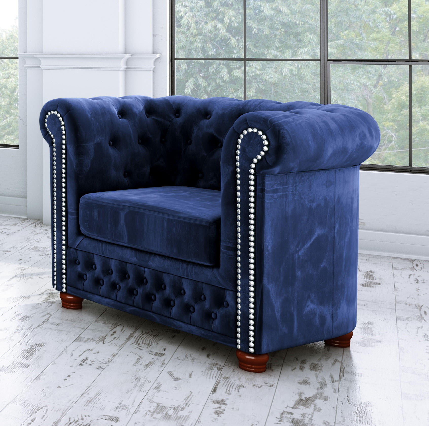 CHESTERFIELD-SESSEL Lauren Marineblau Samt - Dunkelblau/Braun, Holz/Textil (94/72/86cm) - S-Style Möbel