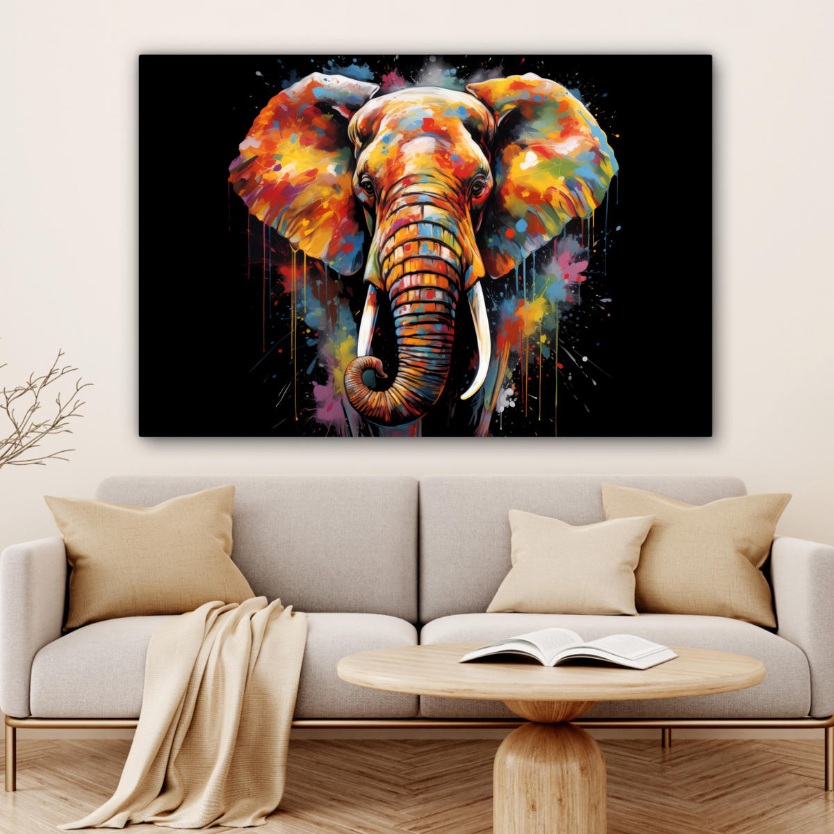 LEINWANDBILD Elefant - Graffiti - Schwarz - Tiere - Farben Wohnzimmer 120x80 cm - Schwarz, Textil (120/80cm) - MuchoWow