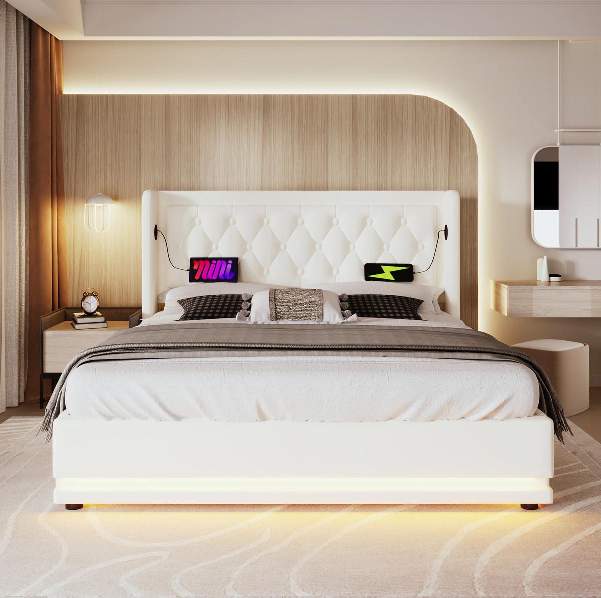 BETT mit Bettkasten USB & LED 180x200 cm PU Weiß - Weiß, Metall (180/200cm) - Meubliv