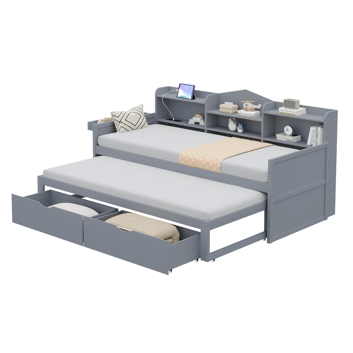 MULTIFUNKTIONSBETT 90/200 cm mit ausziehbarem Bett 90/190 cm und Stauraum in Grau - Grau, Holz (90/200cm) - OKWISH