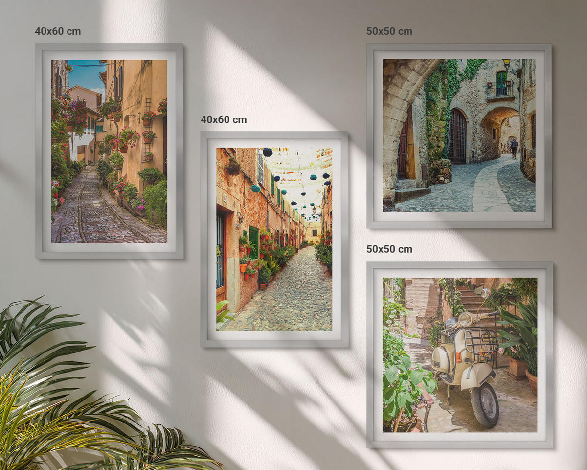 BILDER SET 4er Set - 50x50 cm & 40x60 cm Silberner Rahmen - Charmante italienische Straßen und Blumen - Silberfarben, Kunststoff (50/50cm) - TULUP
