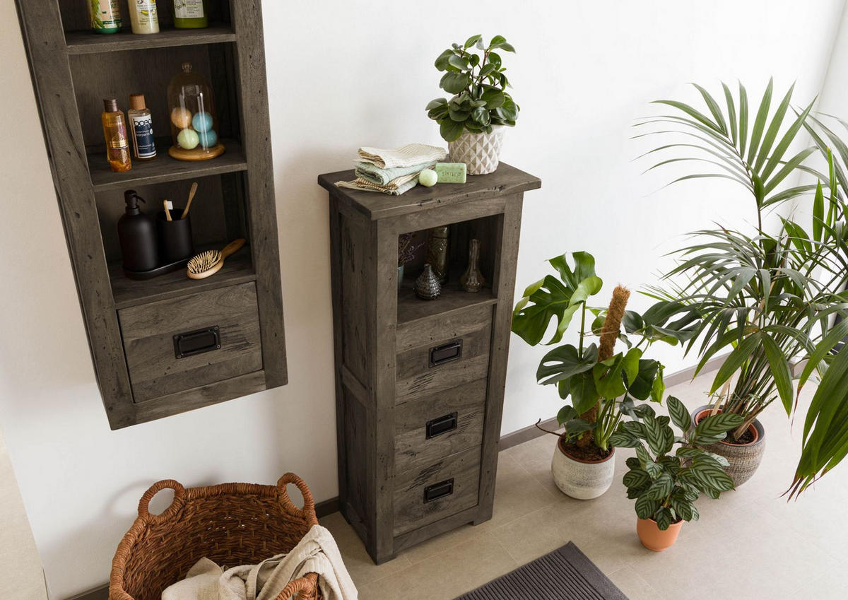KOMMODE Mango 50x30x120 grau lackiert RAILWAY #281 - Grau, Holz (50/120/30cm) - Massivmoebel24