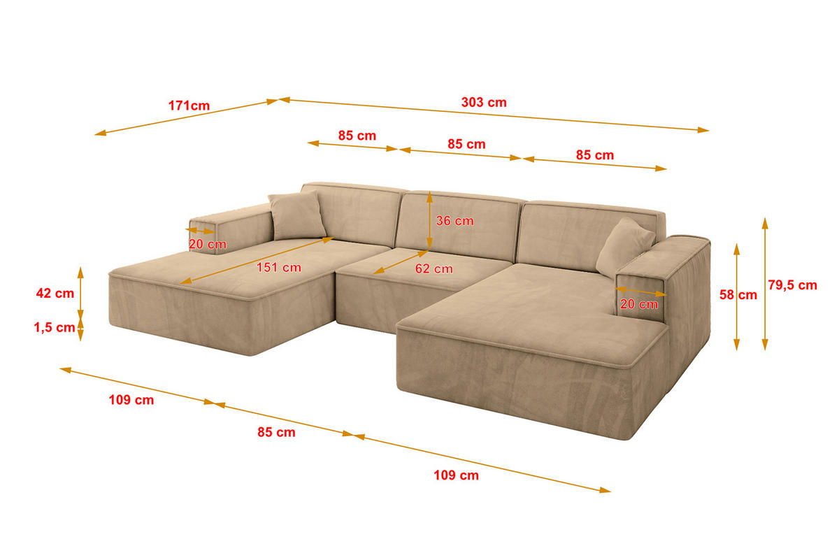 WOHNLANDSCHAFT IREA-U1-v4 - 303x171x79 cm Beige - Beige, Holzwerkstoff/Textil (303/79/171cm) - ALTDECOR