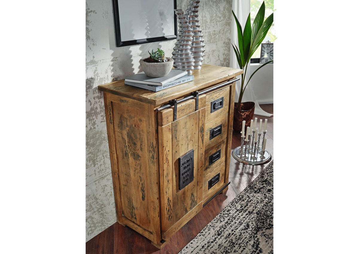 KOMMODE Mango 90x45x100 natur lackiert RAILWAY #103 - Braun, Holz (90/100/45cm) - Massivmoebel24