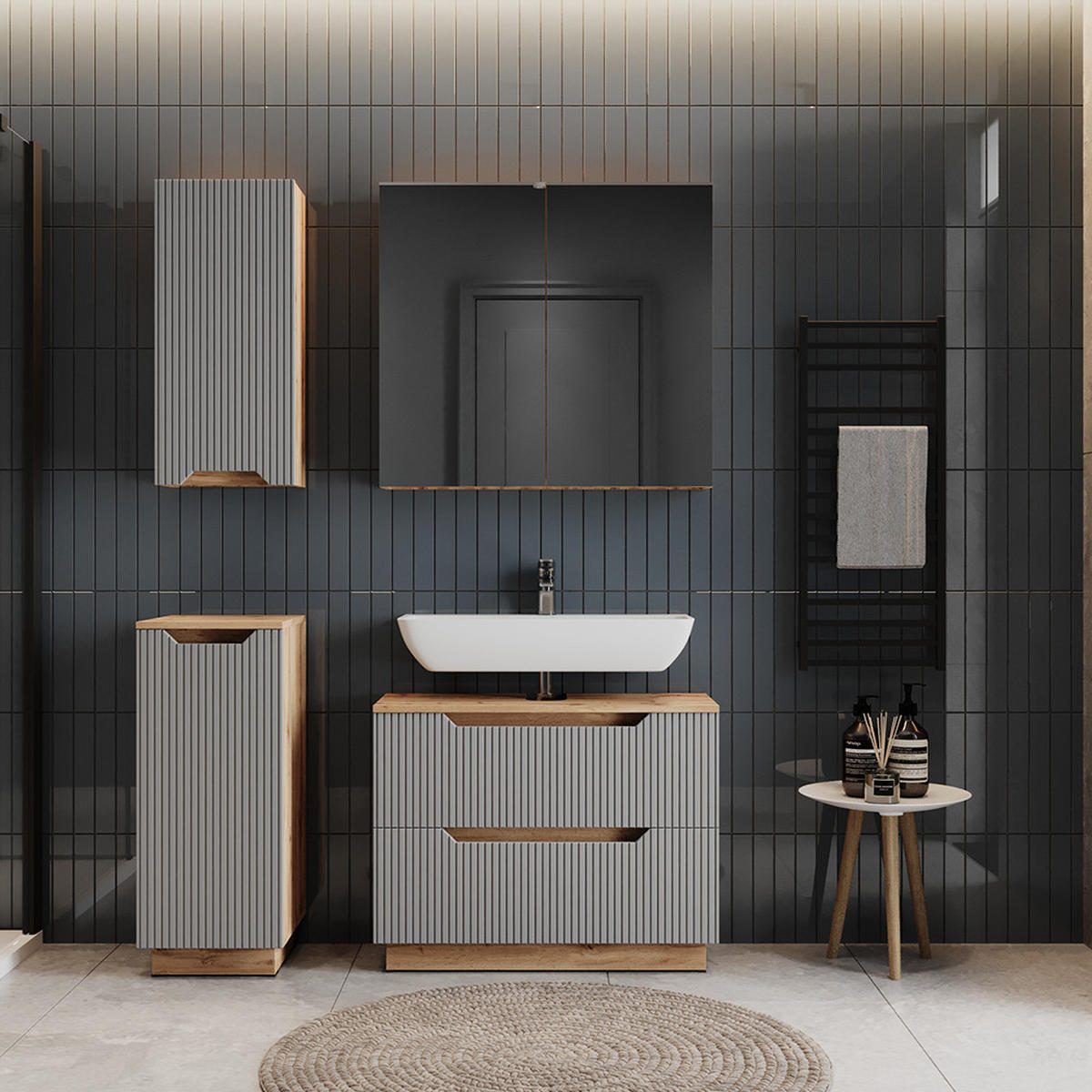 BADMÖBEL-SET Lotta Eiche/grau gestreift 4 Teile - Eichefarben/Grau, Holzwerkstoff (79.6/62.5/32cm) - Vicco