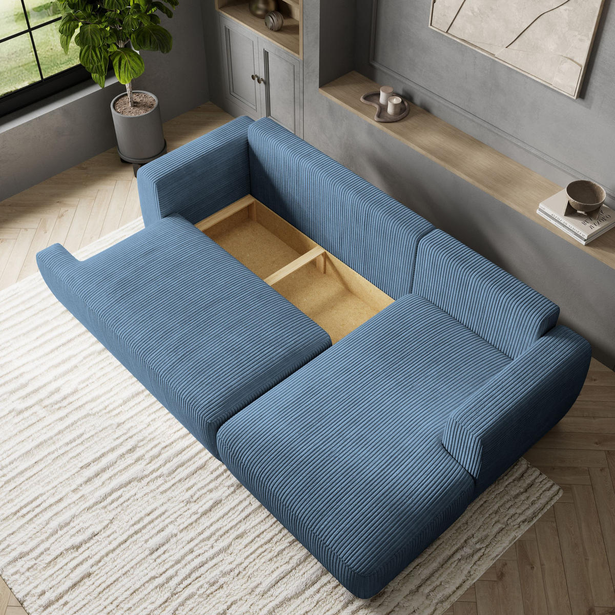 ECKSOFA SENTI P R-S Blau Kordstoff mit Schlaffunktion - Blau, Holz (246/148cm) - MASSENO