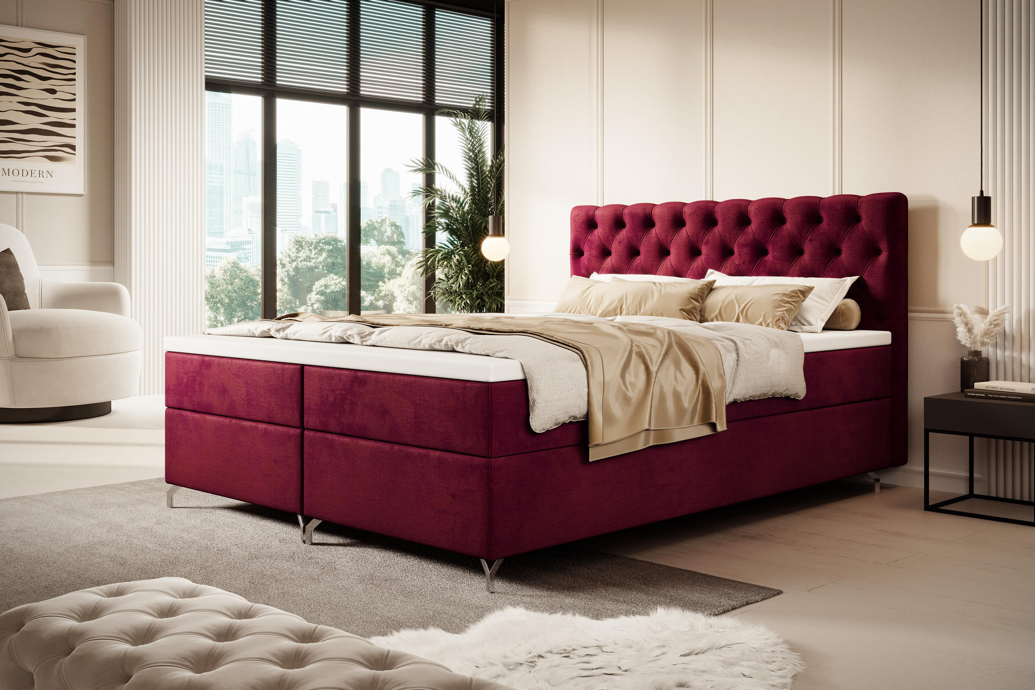 BOXBETT CHESTER 140x200, mit Matratze H3 und Topper, Monolith 59 - Rot, Holz/Textil (140/200cm) - Bedante