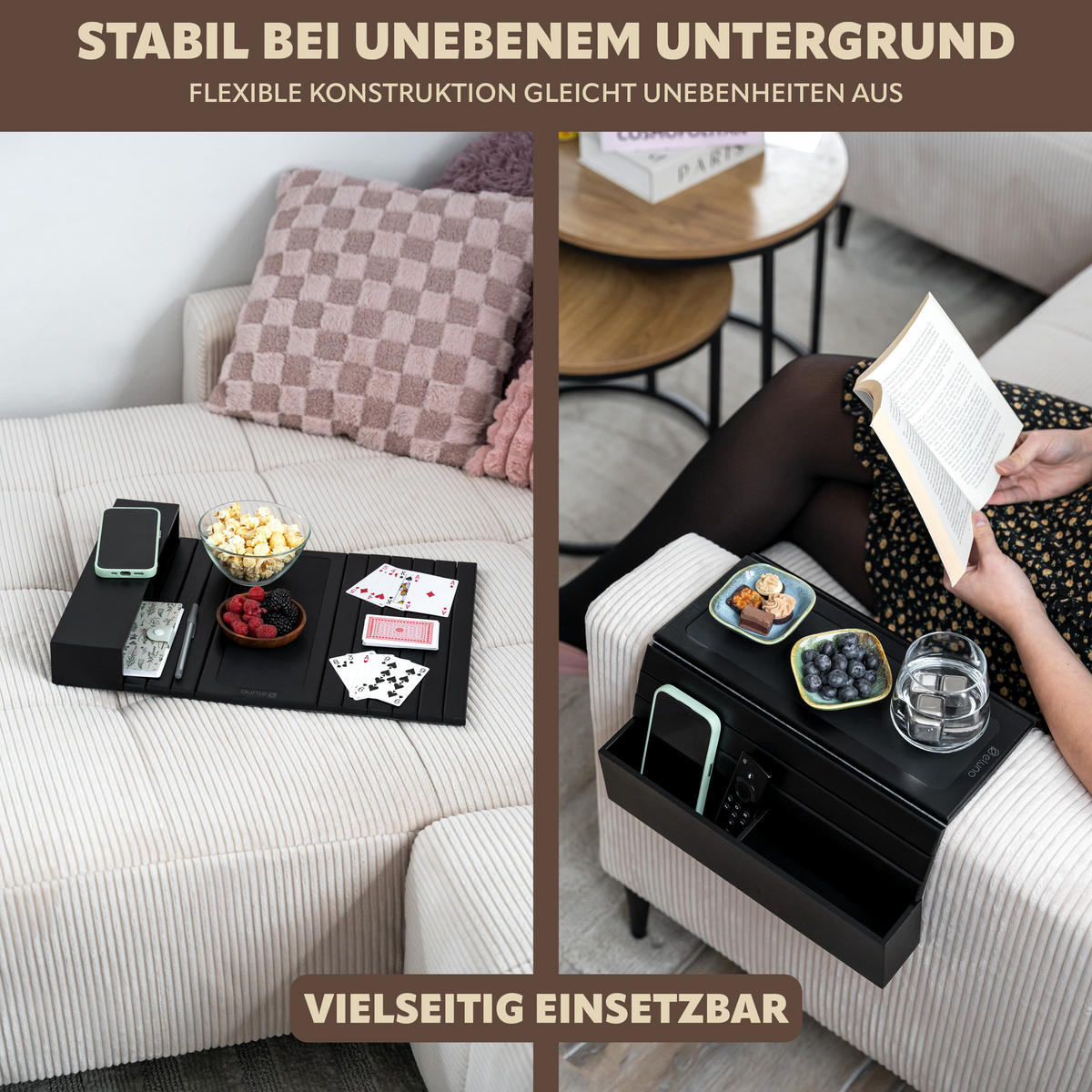 ARMLEHNEN-SOFATABLETT mit seitlichen Fächern, rutschfeste Silikonablage, Bambus, schwarz - Schwarz, Naturmaterialien (47/6/34cm) - eluno