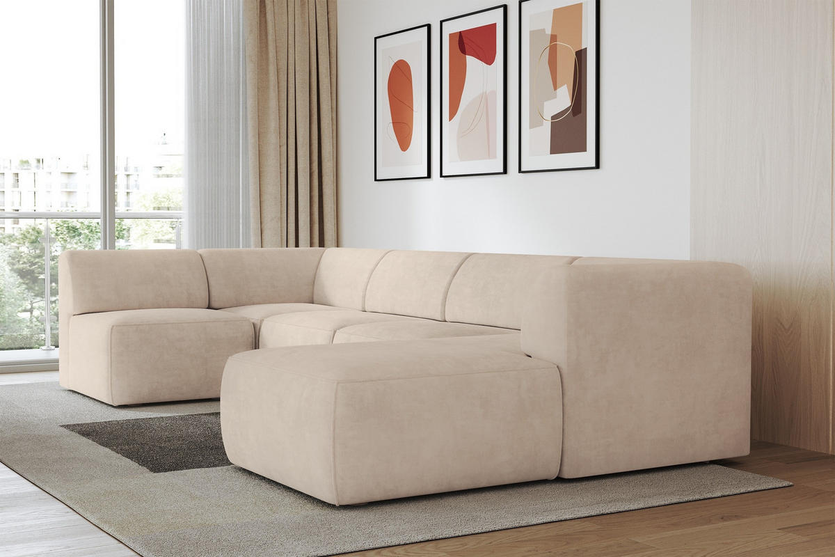 WOHNLANDSCHAFT Ottomane Rechts MOVA 345x180x78 Beige Samt - Beige/Schwarz, Holzwerkstoff/Kunststoff (345/78/180cm) - ALTDECOR