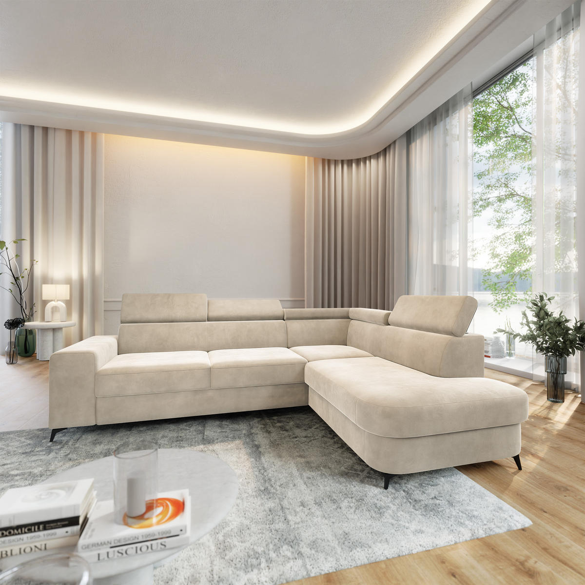 ECKSOFA ALVORO R-S Creme Velours-Stoff mit Schlaffunktion - Creme, Holz (253/190cm) - MASSENO