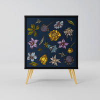 SIDEBOARD FLOWERS ON NAVY BLUE, Schwarz, 57,5x42x75,5 cm, Goldfarbene Metallfüße - Goldfarben/Multicolor, Holzwerkstoff/Metall (57.5/75.5/42cm) - SpaceRebels