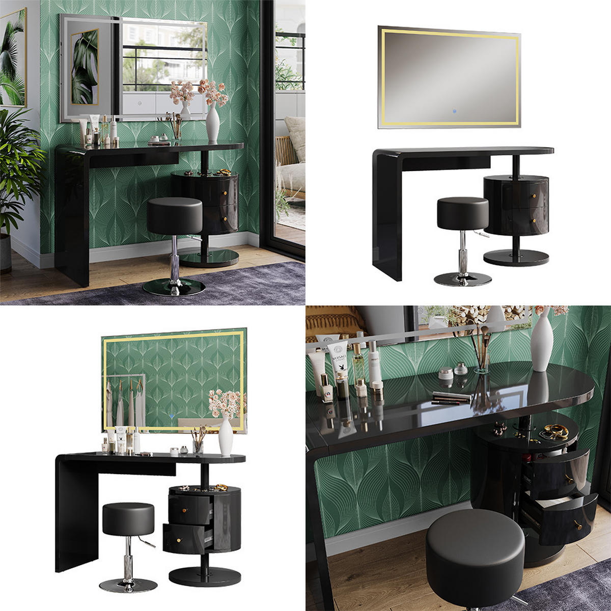 SCHMINKTISCH Lara Schwarz Hochglanz 120 cm mit LED-Spiegel und Hocker - Schwarz Hochglanz, Holzwerkstoff (120/76/50cm) - Vicco