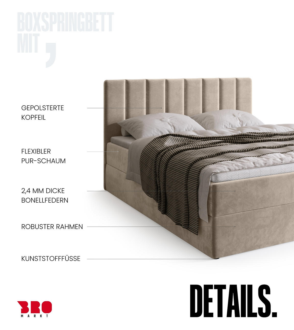 BOXBETT DENVER mit Topper 140x200 Beige - Ecru, Textil (140/200cm) - Bromarkt