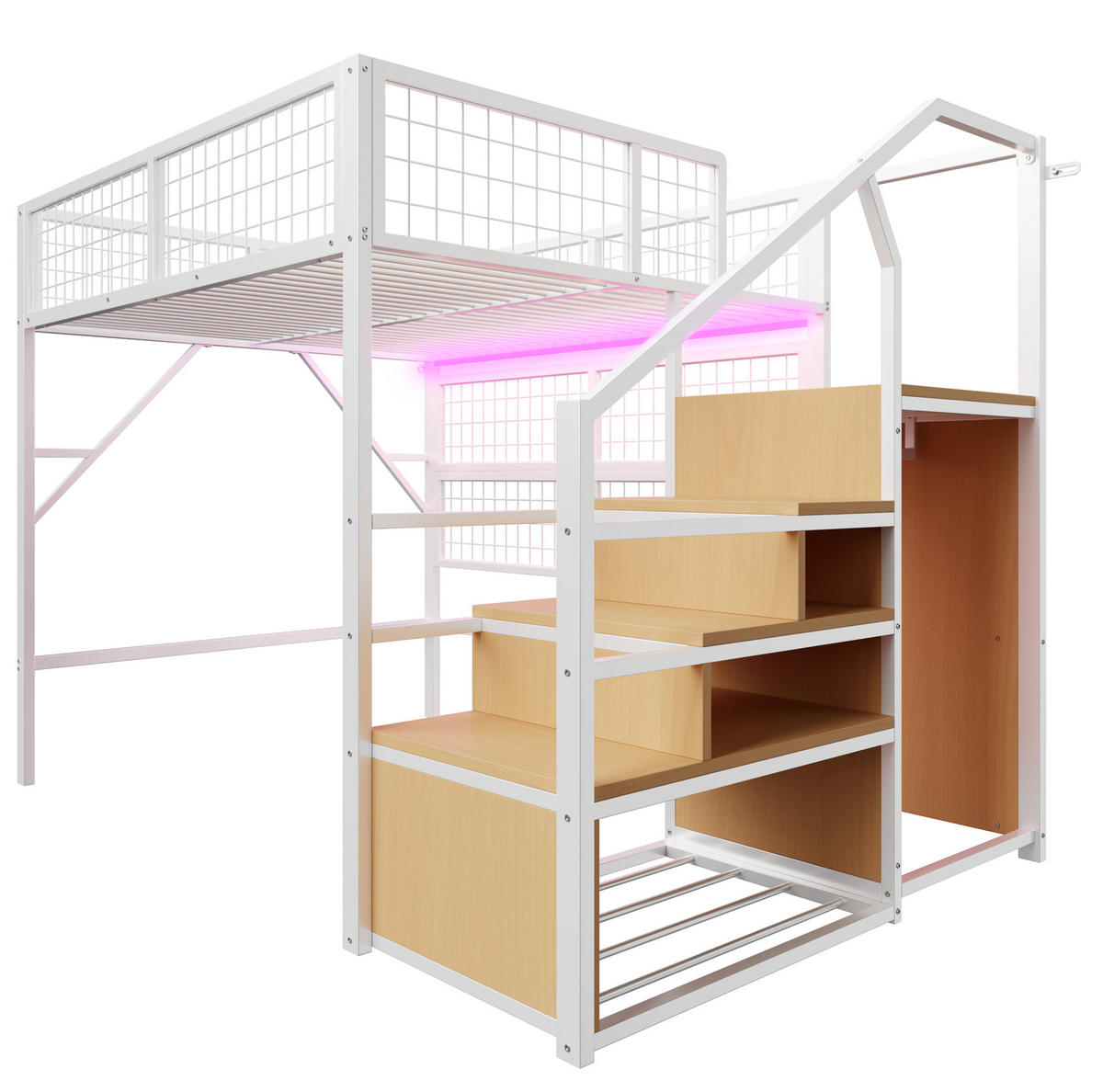 HOCHBETT 140/200 cm Weiß aus MDF und Metall mit Stauraum und LED-Beleuchtung - Weiß, Metall (140/200cm) - OKMYHOME