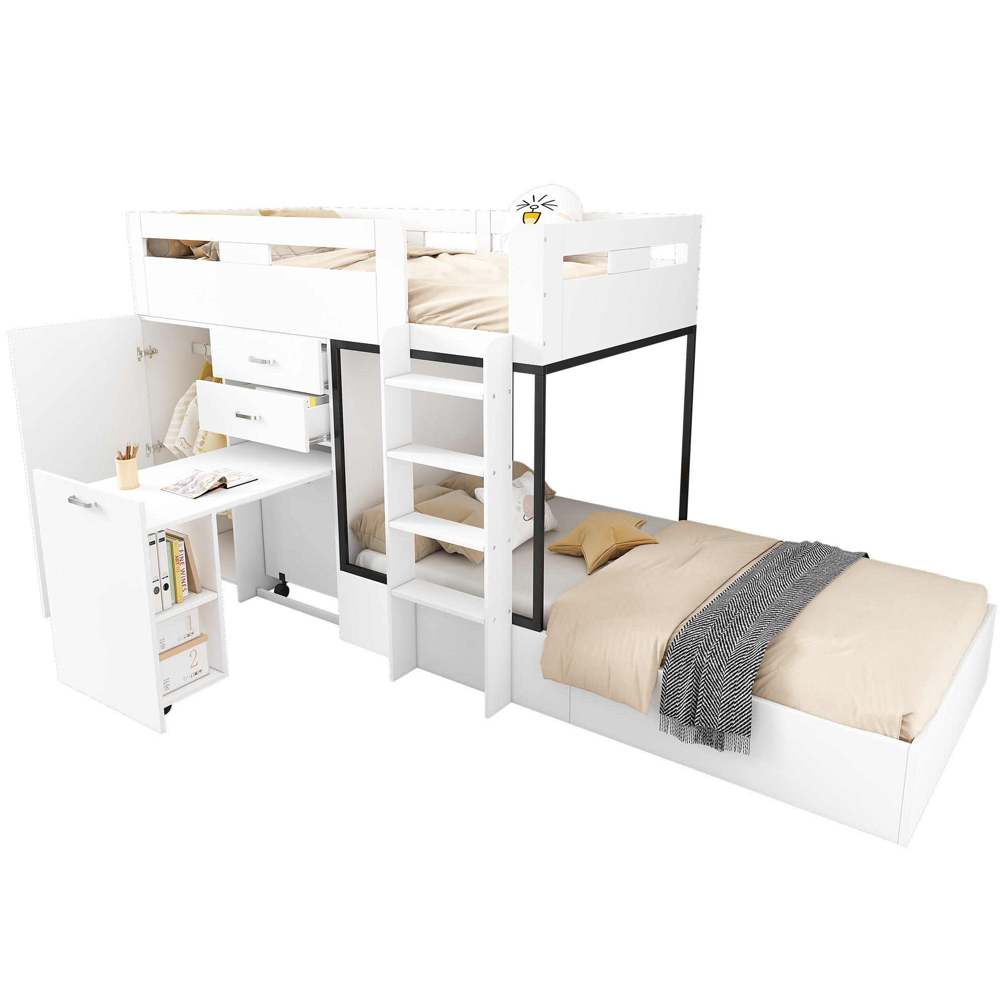 STILVORA ETAGENBETT 90/200 cm in Weiß & Schwarz Kinderbett mit 2 Schubladen, ausziehbarem Schreibtisch und Garderobe