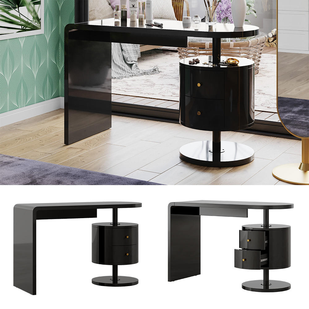 Thumbnail - Vicco Schminktisch, Schwarz Hochglanz, Holzwerkstoff, 2 Schubladen, Rund, 120x76x50 cm, Schlafzimmer, Schminktische