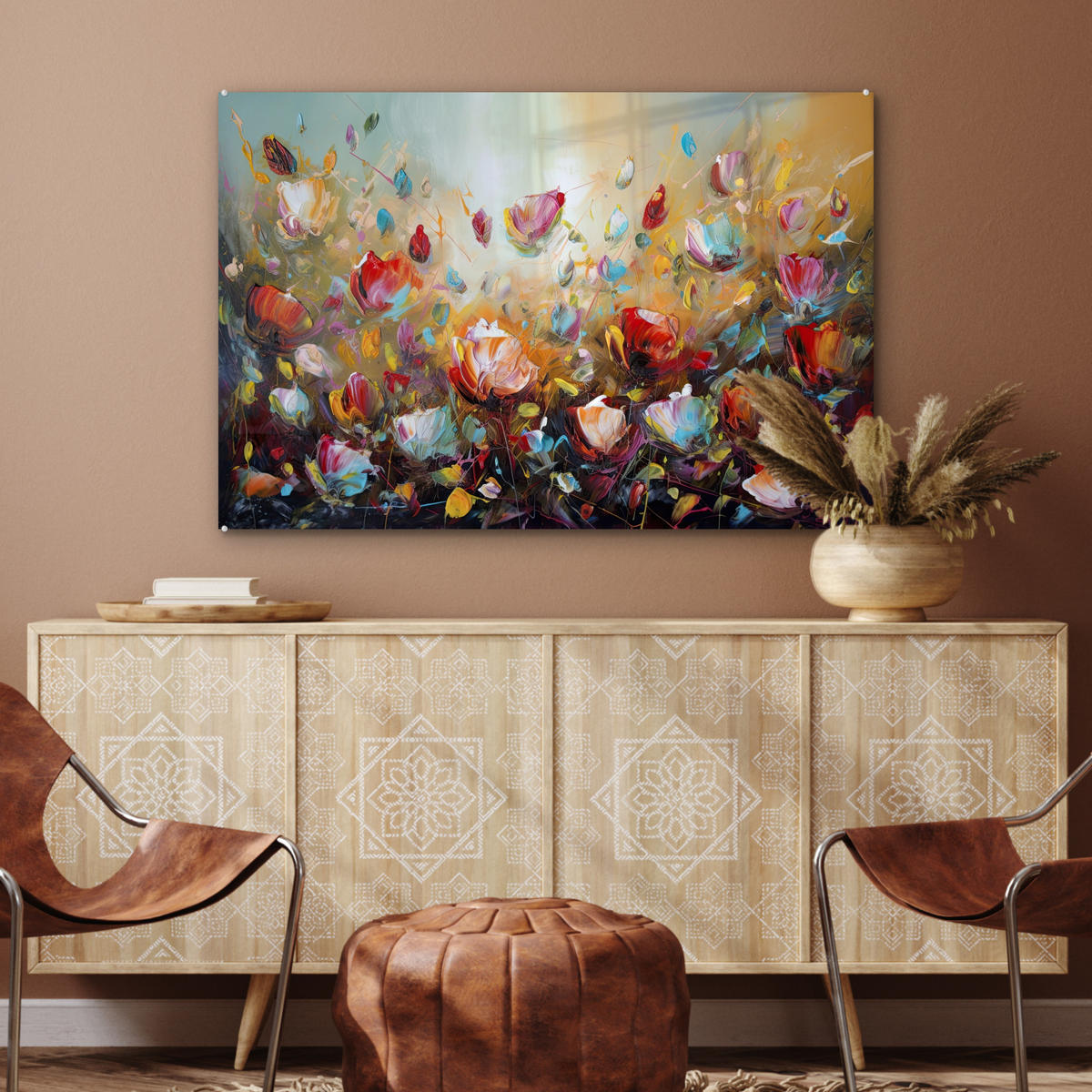 ACRYLGLASBILD Blumen - Kunst - Natur - Ölgemälde 90x60 cm - Multicolor, Glas (90/60cm) - MuchoWow