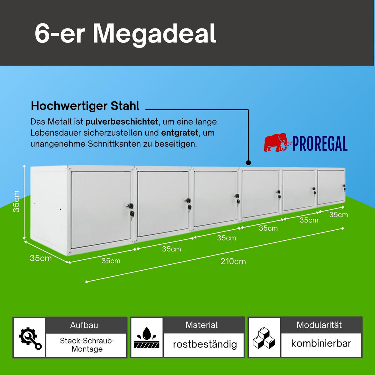 SCHLIESSFACHWÜRFEL Cubic 6er-Set 35x35x35 cm Grau - Grau, Metall (70/105/35cm) - PROREGAL