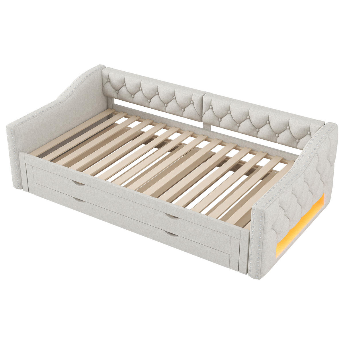 POLSTERBETT 90x200cm, LED, Ausziehbett, 3 Schubladen, gepolstert, Beige - Beige, Textil (90/200cm)