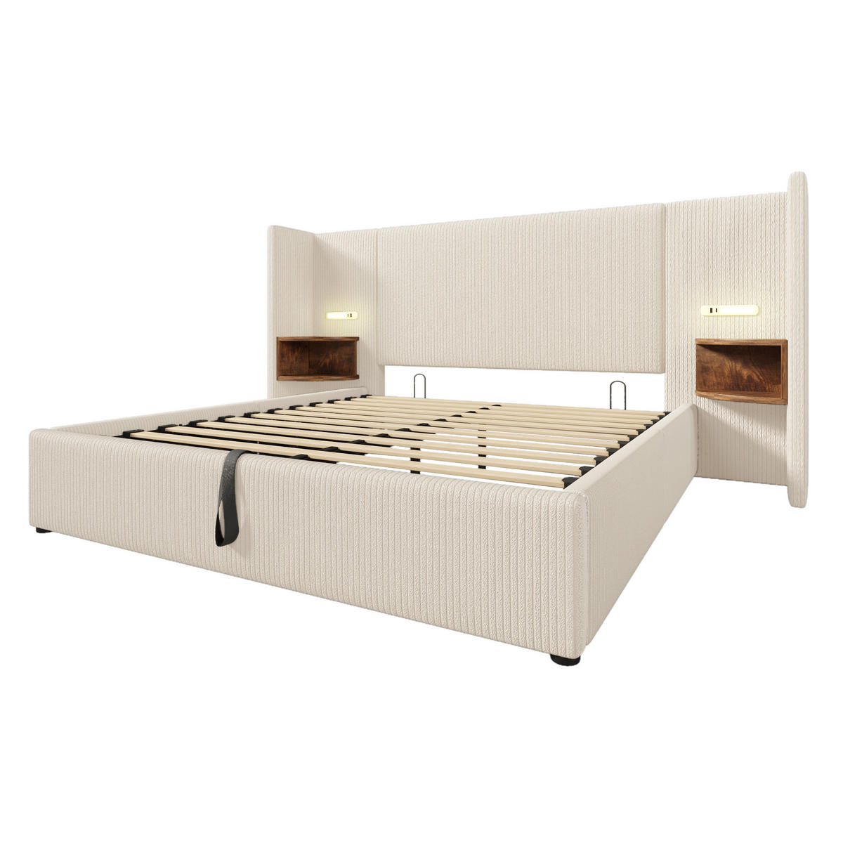 POLSTERBETT 160/200 cm Beige-Weiß mit Stauraum und Leselampe aus Cordstoff - Weiß, Textil (160/200cm) - OKWISH