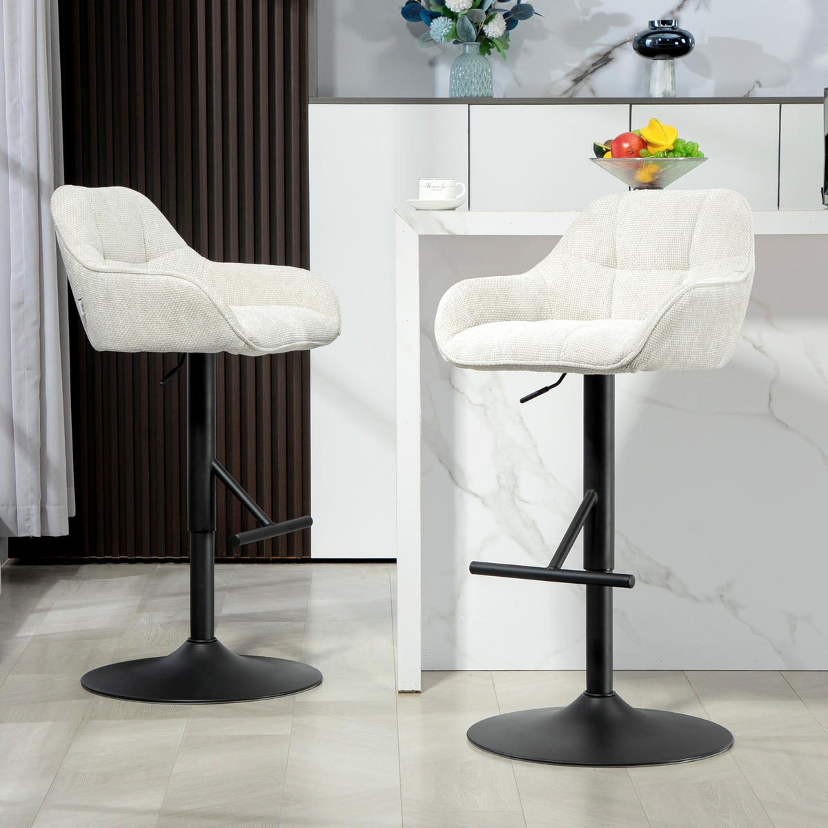BARHOCKER 2er-Set DE-14749 höhenverstellbar mit Leinenbezug Creme - Creme, Metall (53/108/52.5cm) - ComfortXL