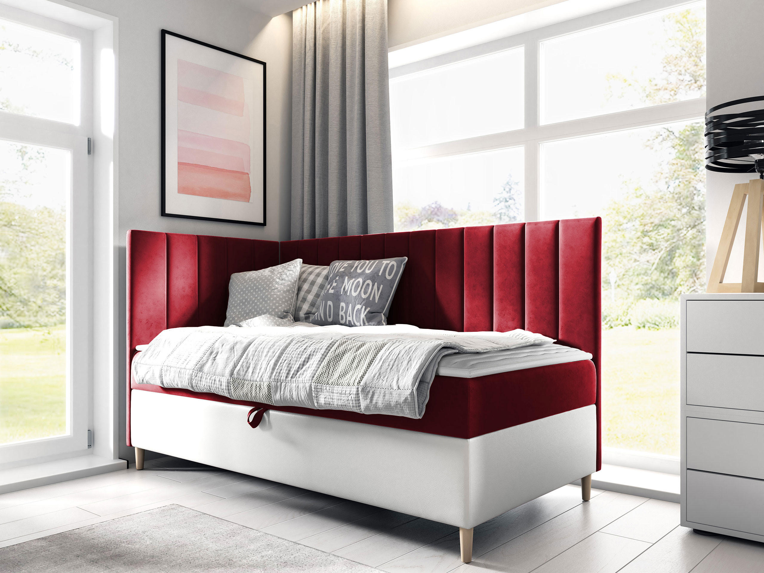BOXBETT Maja Junior 3, Seite zum Öffnen des Bettkastens: Links - Rot/Weiß, Holz (90/200cm) - MIRJAN24
