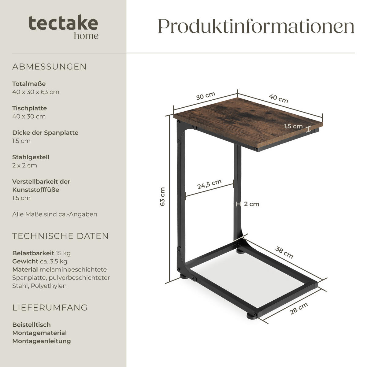 BEISTELLTISCH Erie,40 x 30 x 63 cm,Industrial Holz dunkel, rustikal - Rostfarben, Holzwerkstoff (40/30/63cm) - tectake
