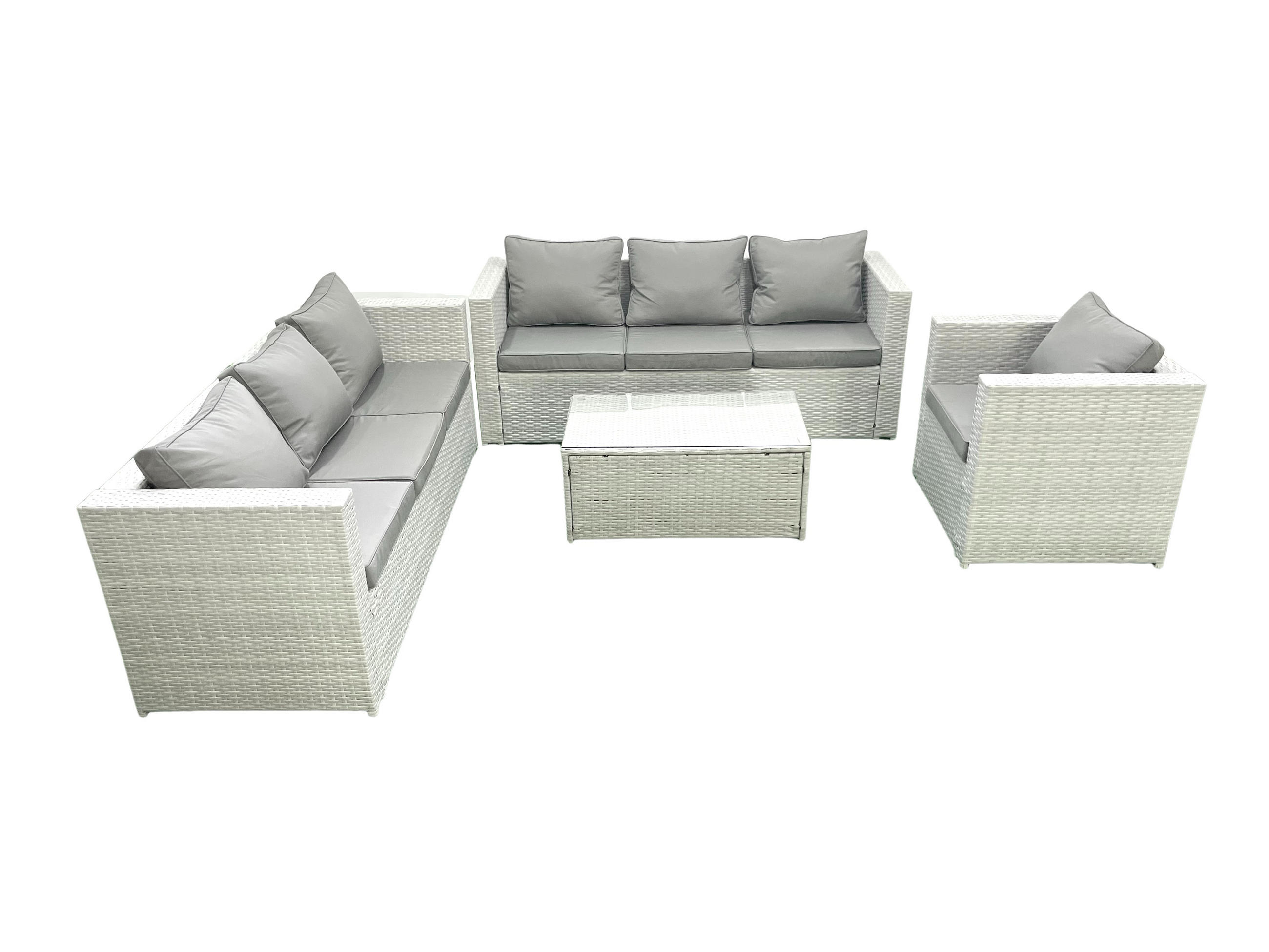 GARTENGARNITUR mit 3-SITZER SOFA,COUCHTISCH Polyrattan Hellgrau-Mix 7-Sitzer - Hellgrau/Grau, Glas/Kunststoff - Fimous