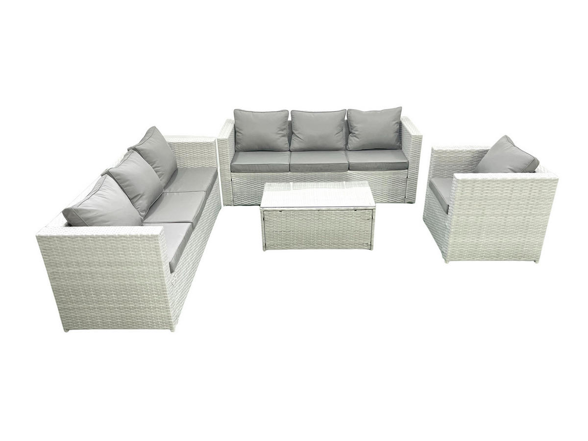 GARTENGARNITUR mit 3-SITZER SOFA,COUCHTISCH Polyrattan Hellgrau-Mix 7-Sitzer - Hellgrau/Grau, Glas/Kunststoff - Fimous