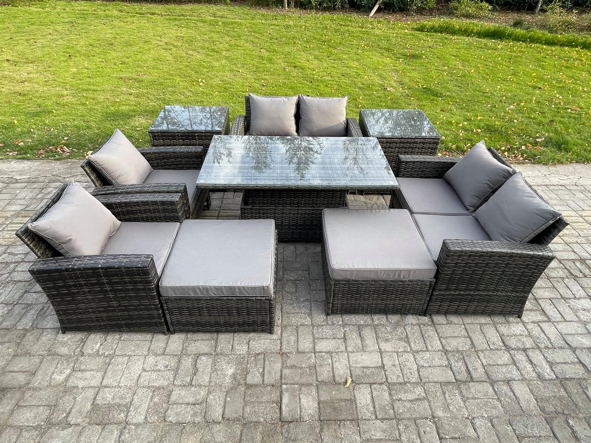 GARTENMÖBEL-SET mit Kissen Polyrattan Dunkelgrau 8-Sitzer - Dunkelgrau, Metall - Fimous