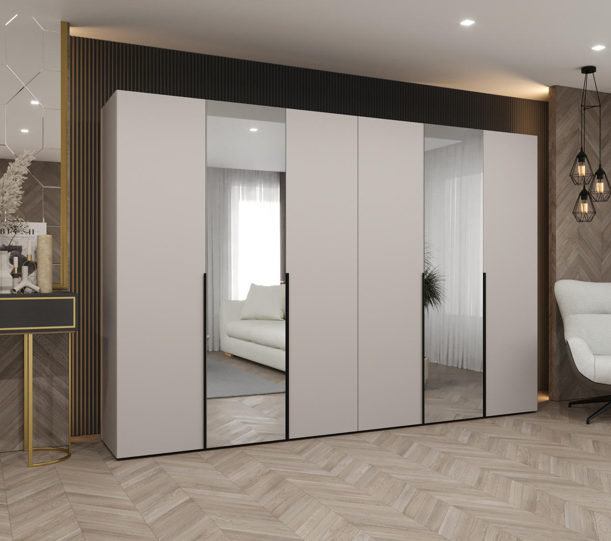 DREHTÜRENSCHRANK 202/300/52 6-türig - Kaschmir/Schwarz, Holz (300/202/52cm) - Abiks Möbel