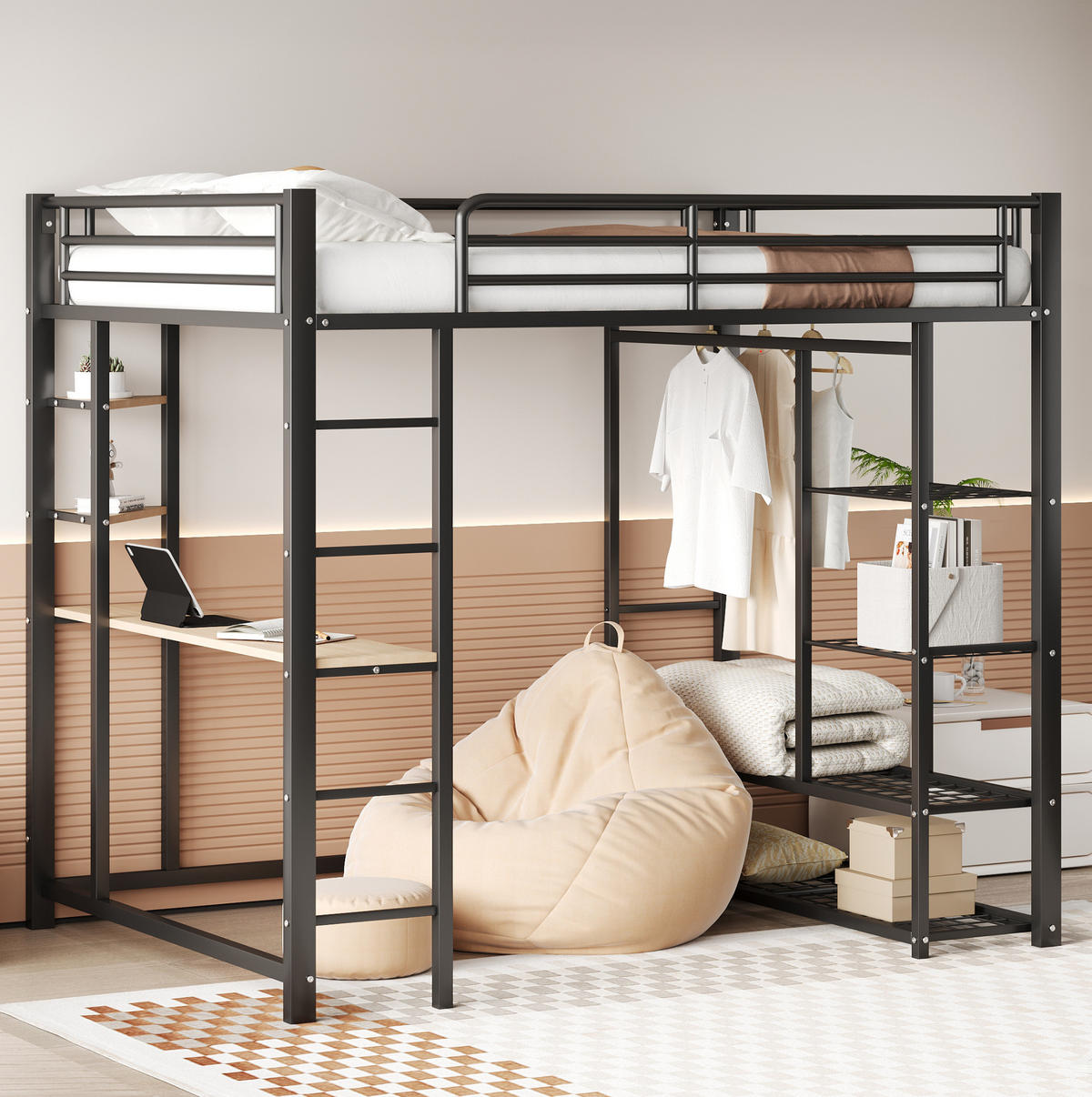 HOCHBETT 140/200 cm aus Metall mit Schreibtisch und Kleiderstange, Schwarz - Schwarz, Metall (140/200cm) - Flora Grace