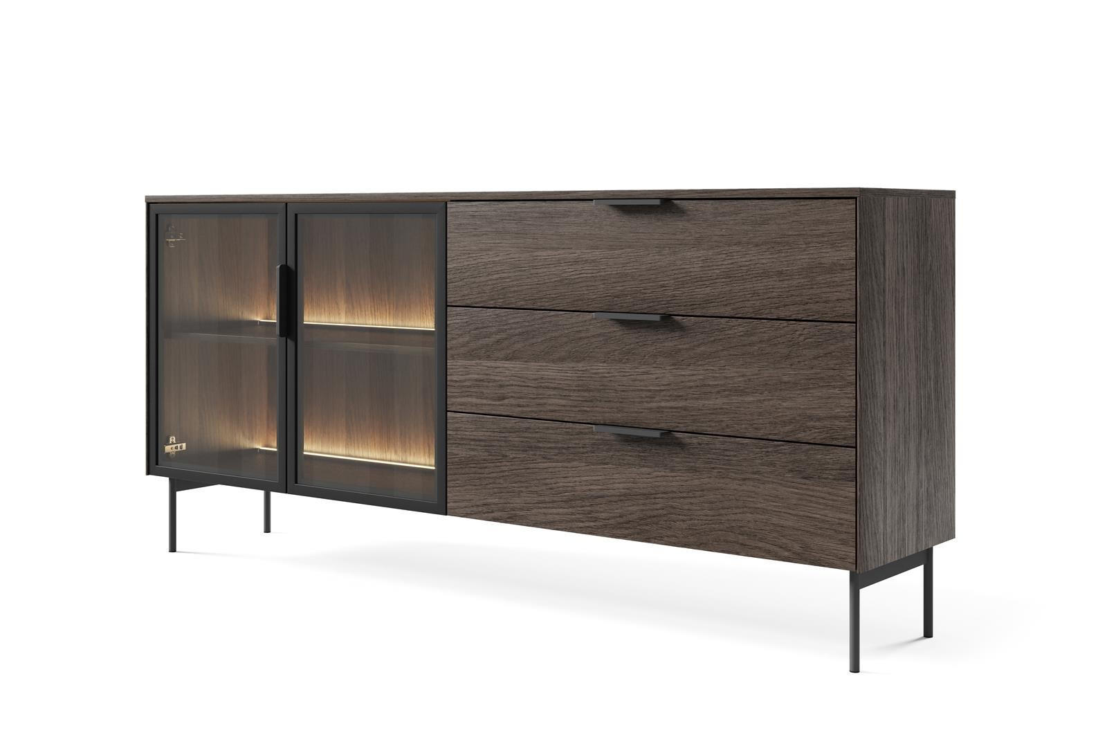 KOMMODE Ilumi Eiche Dunin, Zweitürig, mit Schubladen - Eichefarben/Schwarz, Holzwerkstoff/Metall (181/83/39cm) - Bettso