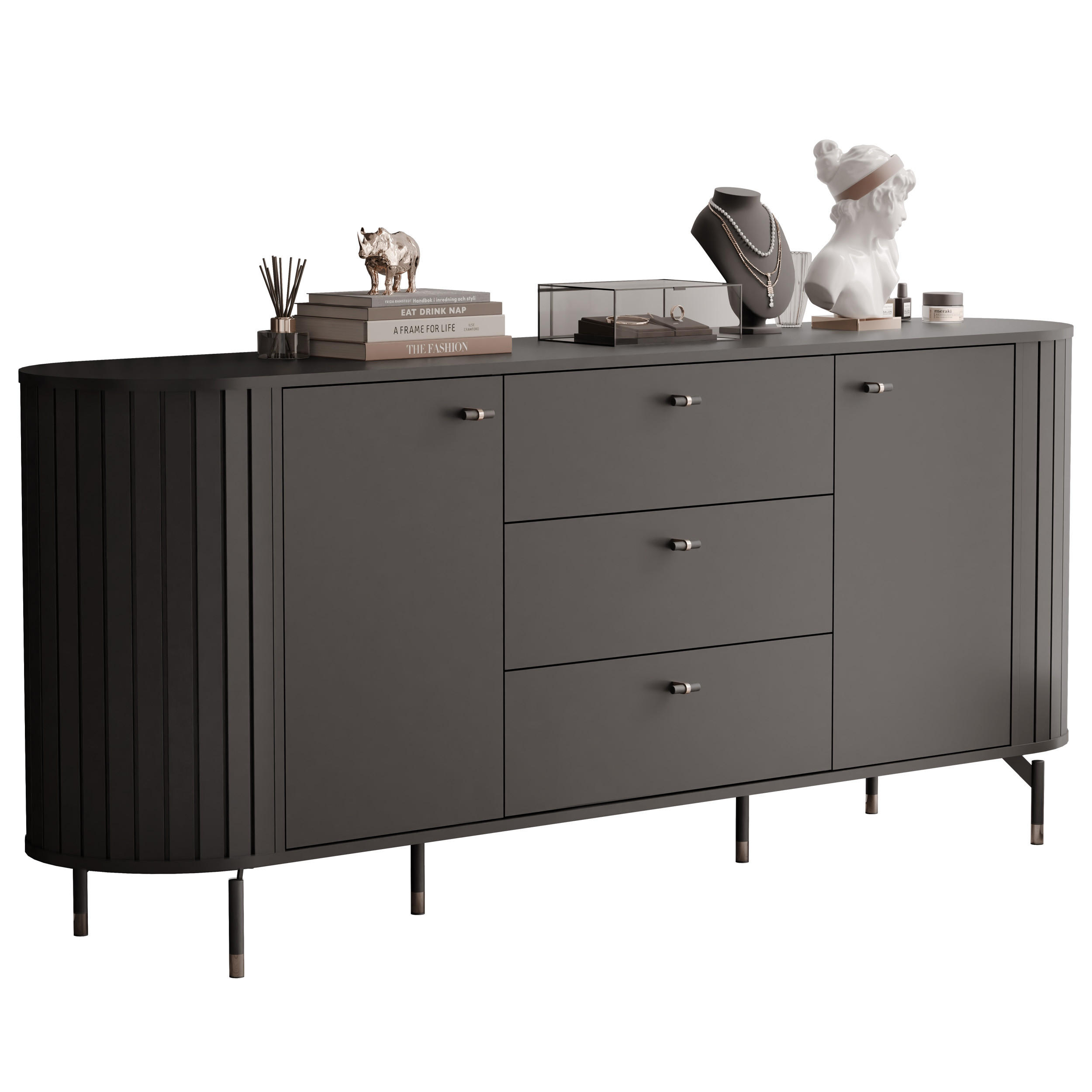 KOMMODE geriffelt, mit drei Schubladen, Schwarz - Schwarz, Holzwerkstoff (190/81/40cm) - Idohome