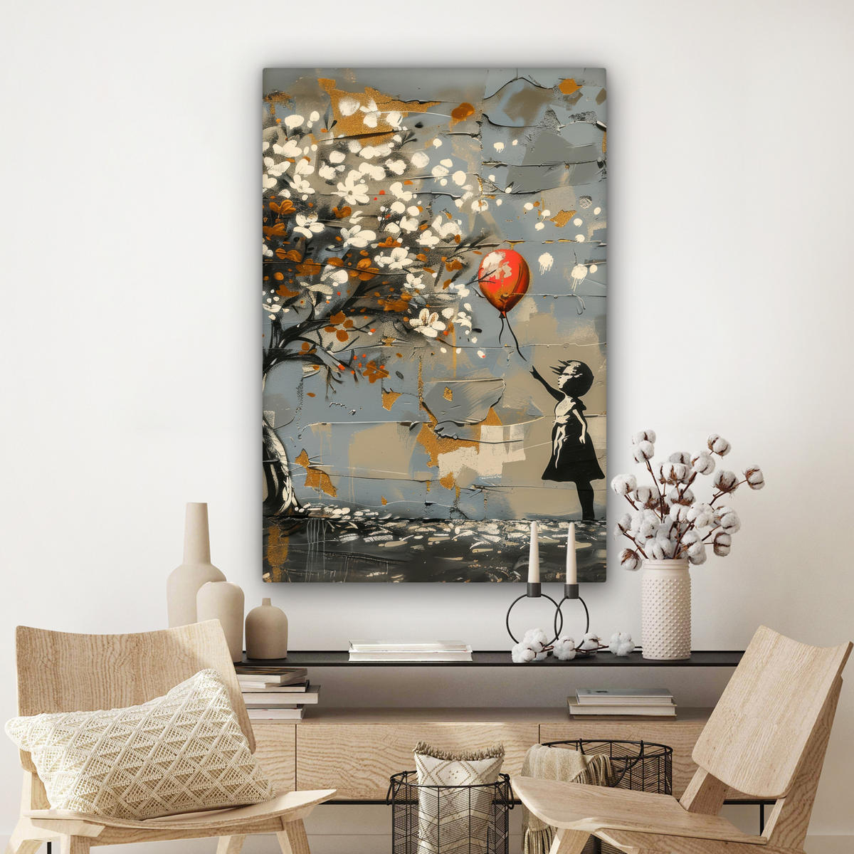 LEINWANDBILD Baum - Graffiti - Banksy-Stil - Ballon-Mädchen Deko Groß 90x140 cm - Blaugrau, Textil (90/140cm) - MuchoWow