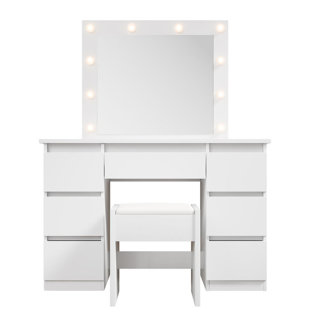 SCHMINKTISCH Talea mit LED (3 Lichtstufen) inkl Hocker Melly - Weiß, Holz (110/141/40cm) - Juskys