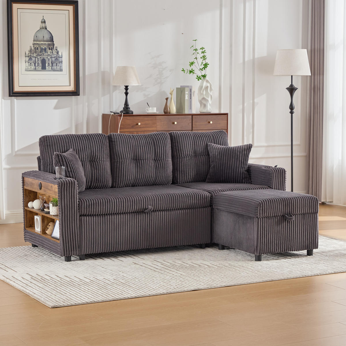 SCHLAFSOFA aus Cord mit Stauraum, Ausziehbett und USB-C - Dunkelgrau, Textil (196/85/82cm)