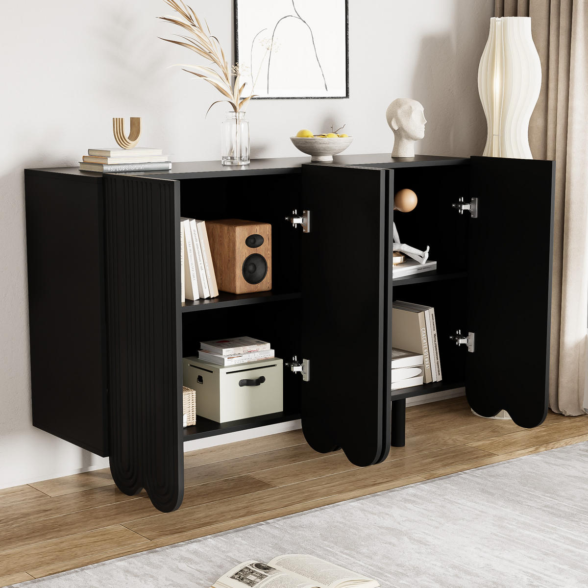 SIDEBOARD 120/37,5/80,8 cm aus MDF mit tropfenförmig geschnitzten Türen Schwarz - Schwarz, Holzwerkstoff (120/37.5/80.8cm) - Modenvie