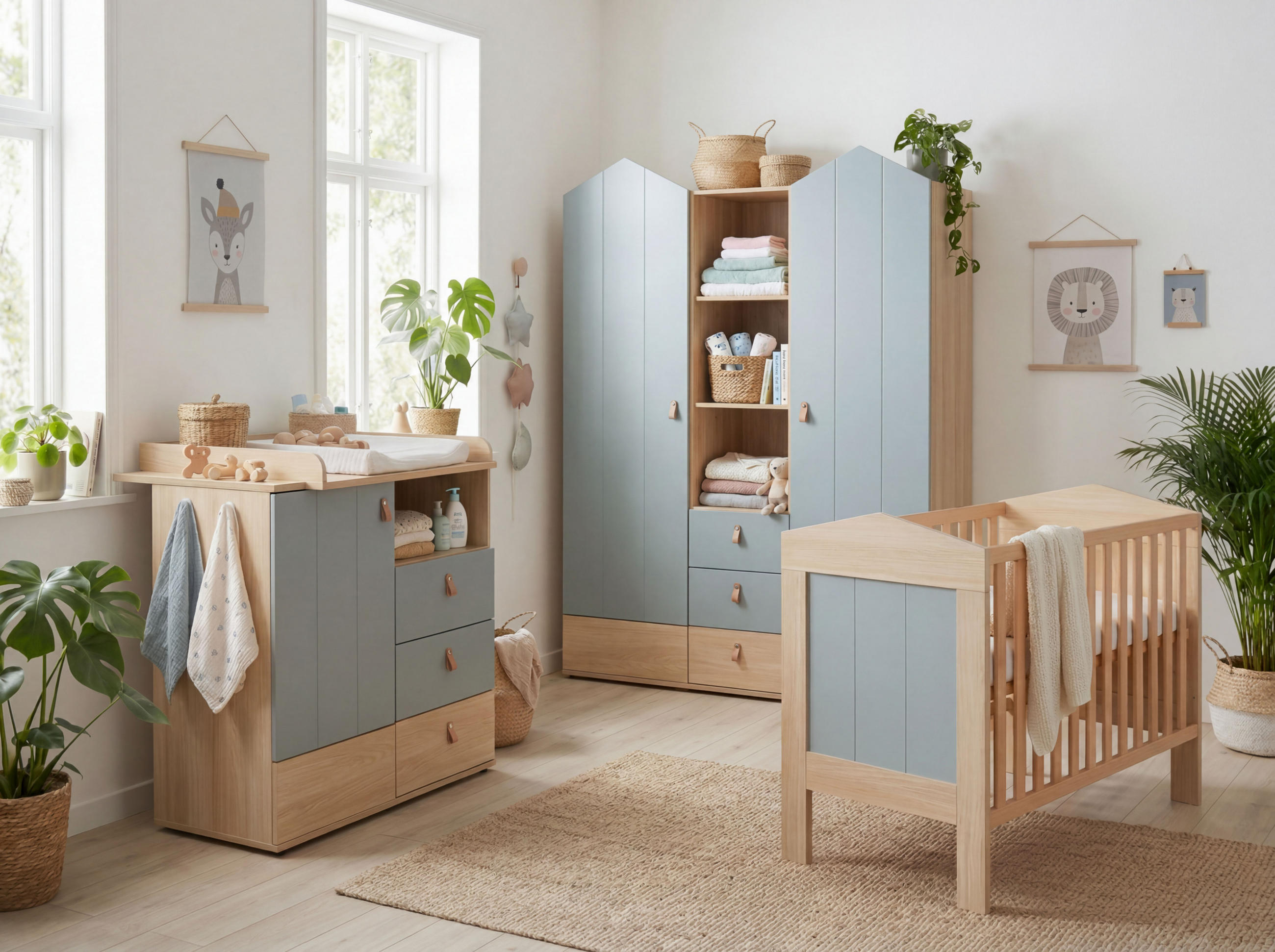 BABYZIMMER Set Roofy 3-tlg. - Salbeigrün/Eichefarben, Leder/Holz (1/1/1cm) - arthur berndt