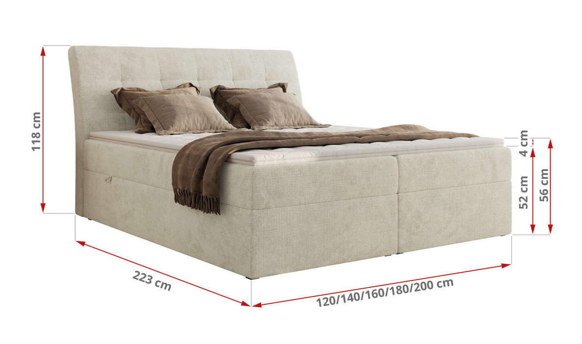 BOXBETT DAGOS 160/200 - Creme Schenille grob gewebt - H3 - Topper T25 - Creme, Textil (160/200cm) - MKS
