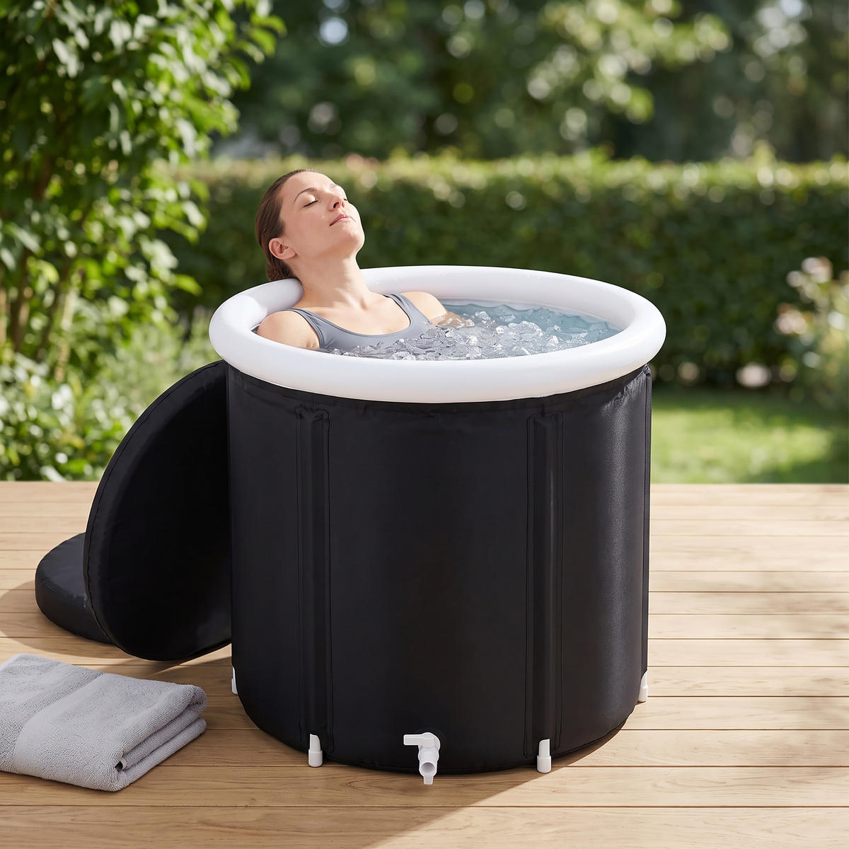 EISBADEWANNE Schwarz Weiß aufblasbar mit Thermodeckel 320 l - Schwarz, Kunststoff/Textil (75/75/75cm) - Relaxdays