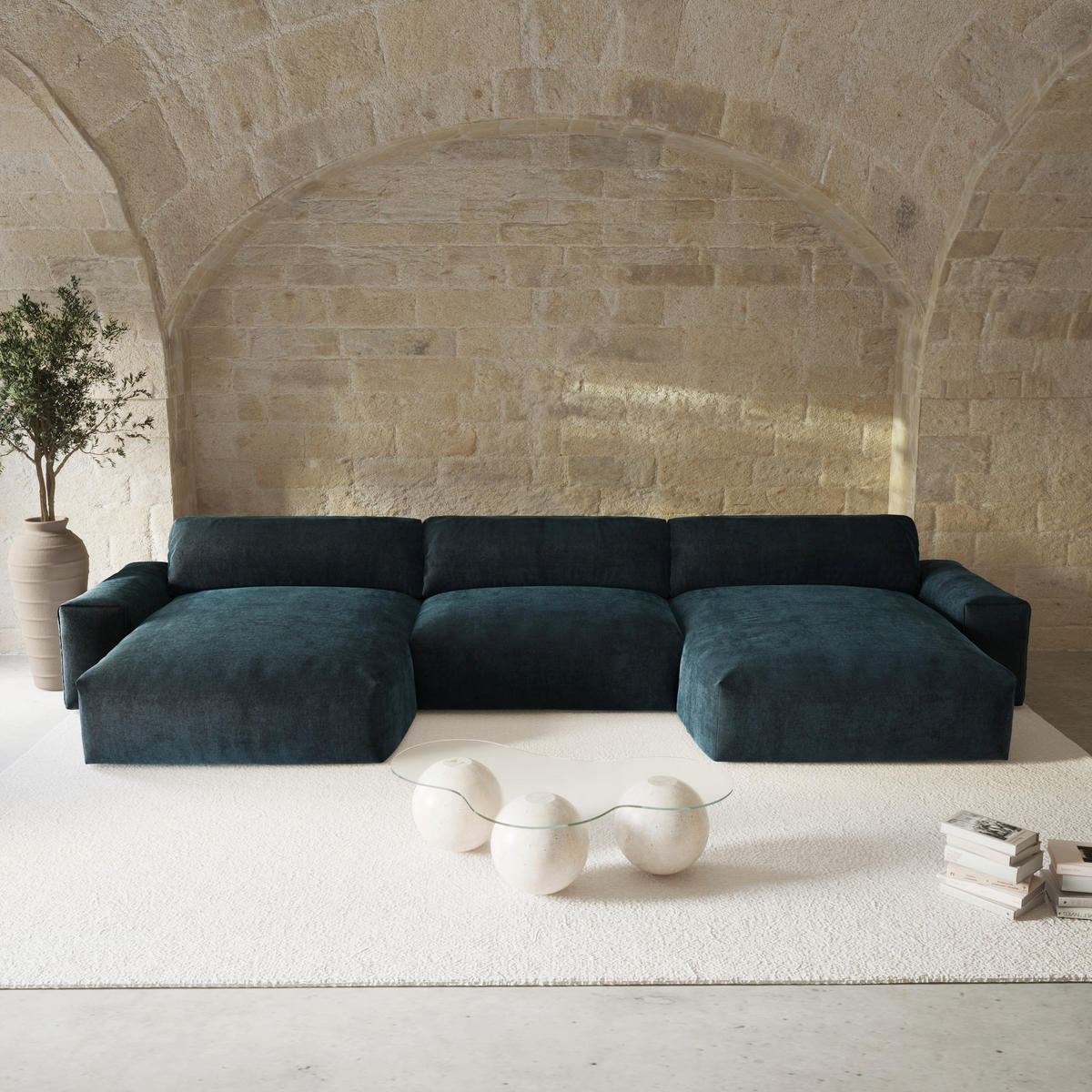 WOHNLANDSCHAFT Samt Pfauenblau 420cm - Blau/Hellblau, Textil (420/75/174cm) - Sia Home